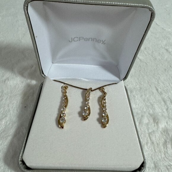 Gold Plated Sterling Silver Earrings & Necklace Set With CZ Stones JCPenney Box - Picture 3 of 4